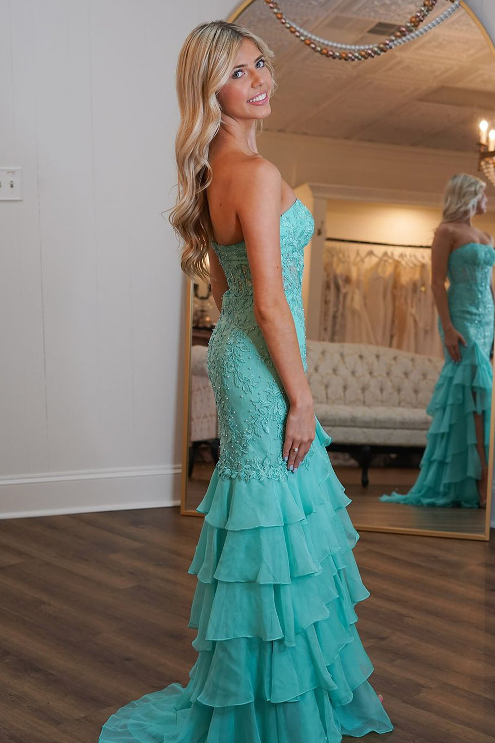 Stunging Mermaid Strapless Mint Chiffon Prom Dress Gown with Appliques LF1301