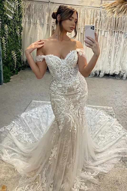 Pastoral Style  Mermaid Off the Shoulder Lace Tulle Wedding Dresses Gown with Appliques HS891