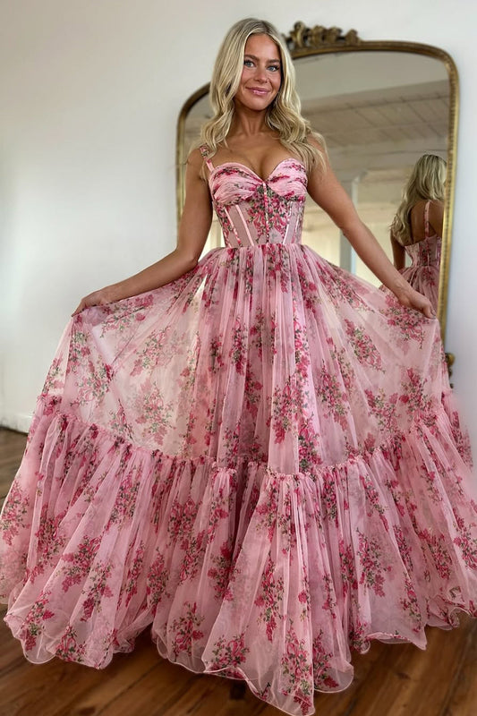 A-Line Sweetheart Pink Floral Printed Chiffon Long Prom Dress Gown LF1213