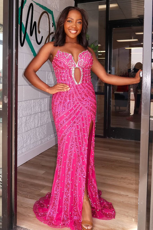 Mermaid Strapless Fuchsia Keyhole Sequins Long Prom Dress Gown with Slit LF1354