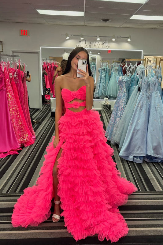 A-Line SStrapless Fuchsia Ruffle Tiered Long Prom Dress Gown with Slit LF1362