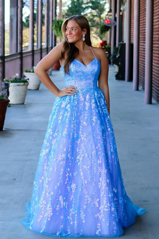 Stunging A Line Straps Light Blue Sequins Prom Dress Gown LF1289