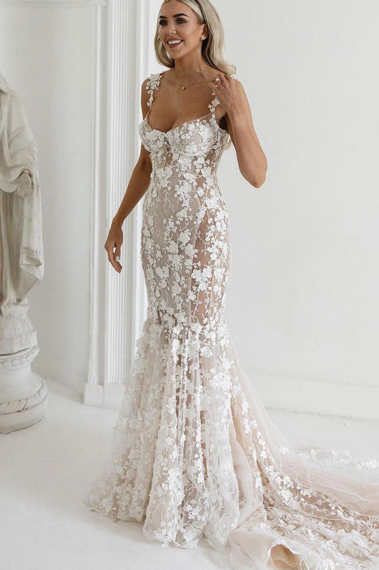 Charming Mermaid Sweetheart See Through Ivory Lace Wedding Dresses/Gowns HS23081008