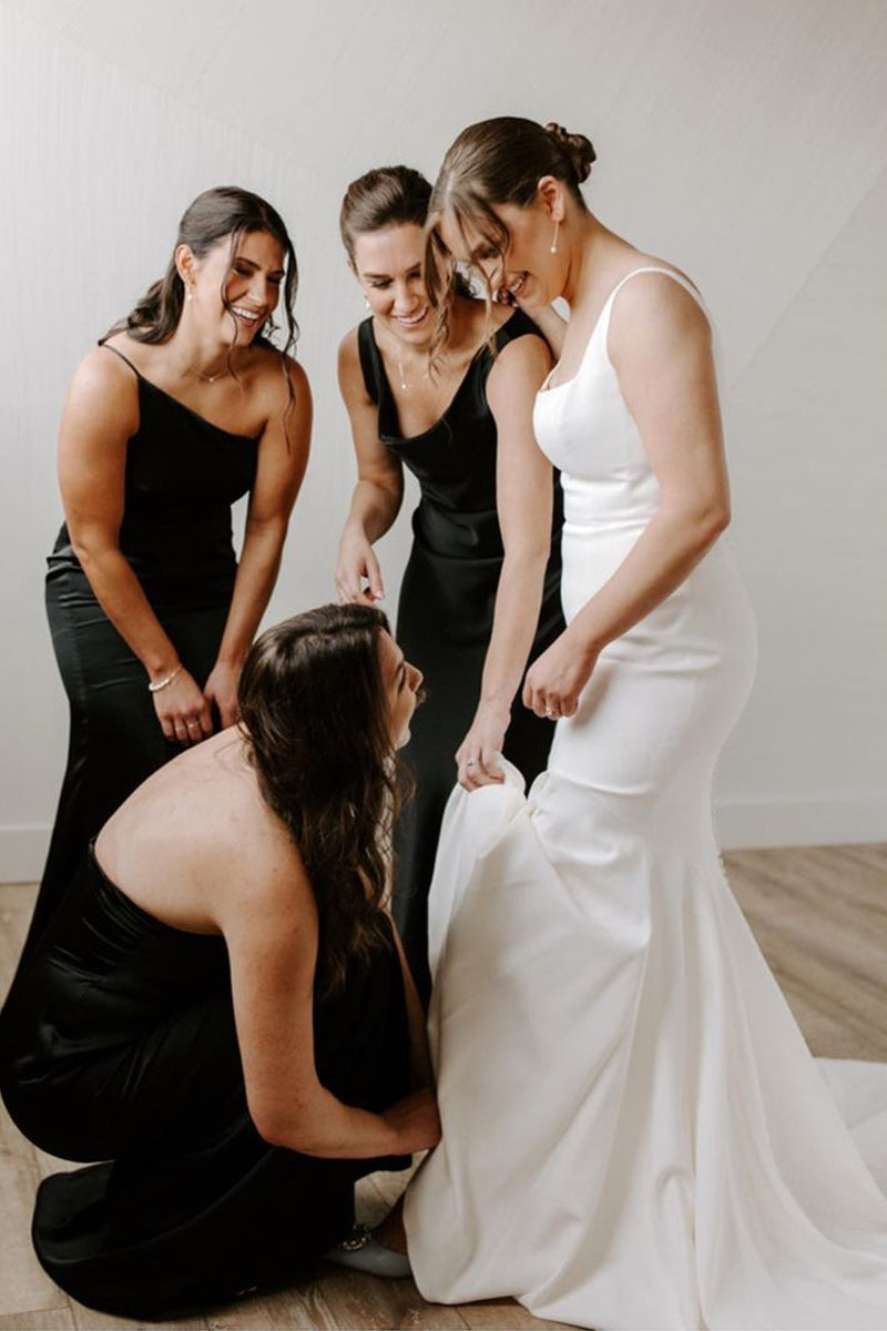 Graceful Mermaid Square Neck White Satin Wedding Dresses Gown HS696