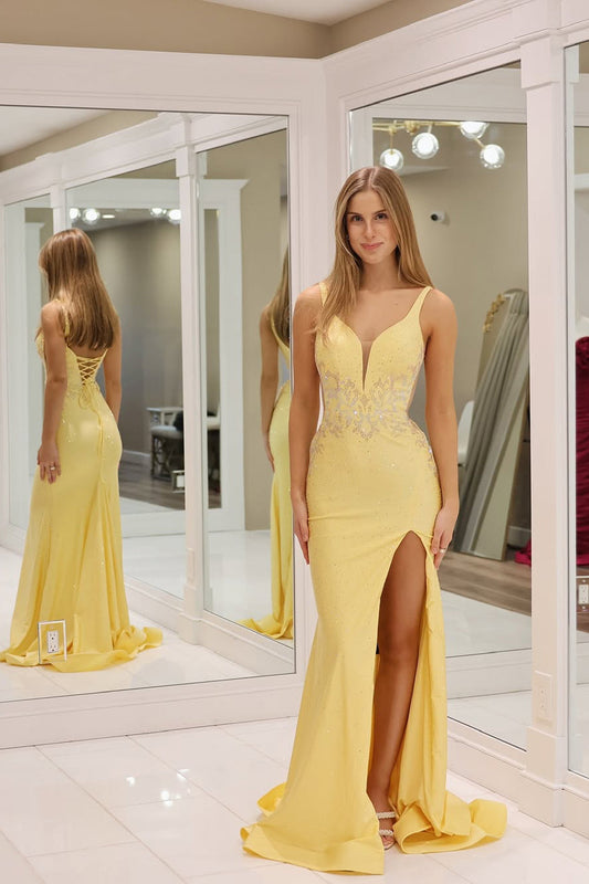 Mermaid V Neck Yellow Satin Long Prom Dress Gown with Slit LF1356