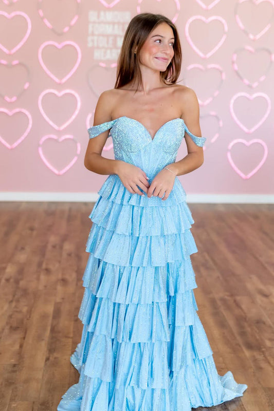 A-Line Off the Shoulder Light Blue Ruffle Tiered Long Prom Dress Gown with Slit LF1272
