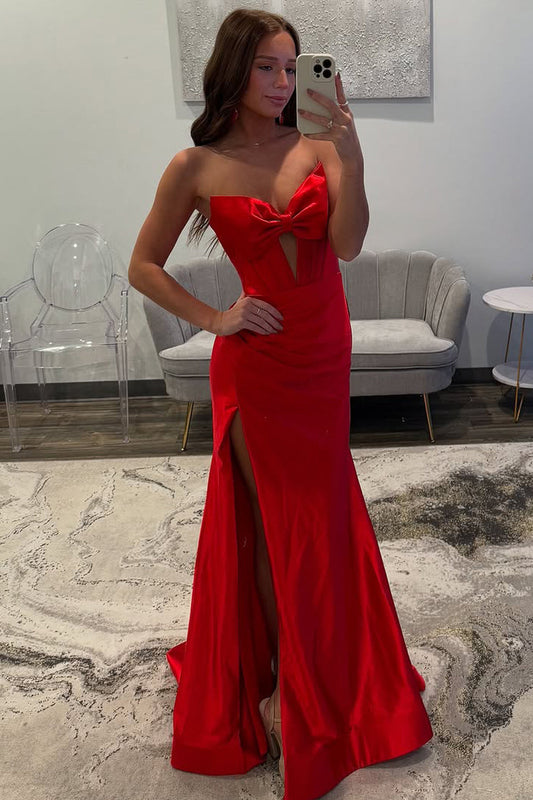 Mermaid Strapless Keyhole Red Satin Long Prom Dress Gown with Slit LF1212
