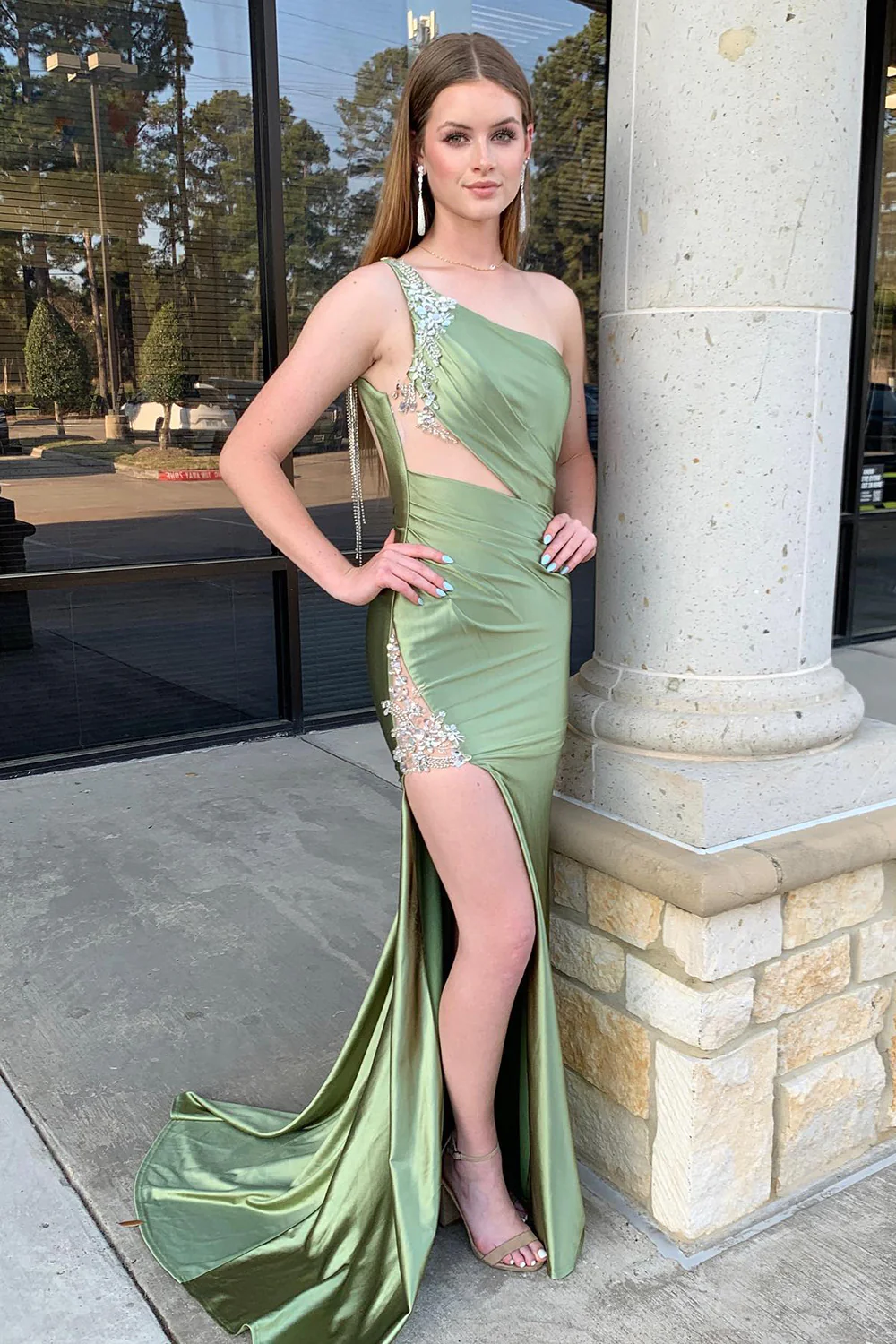 Elegant Mermaid One-Shoulder Sage Beaded Satin Prom Dress Gown with Slit