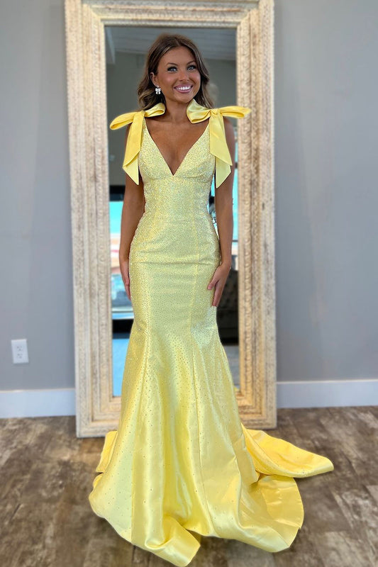 Dazzling Mermaid V Neck Daffodial Glitter Prom Dress Gown with Bow