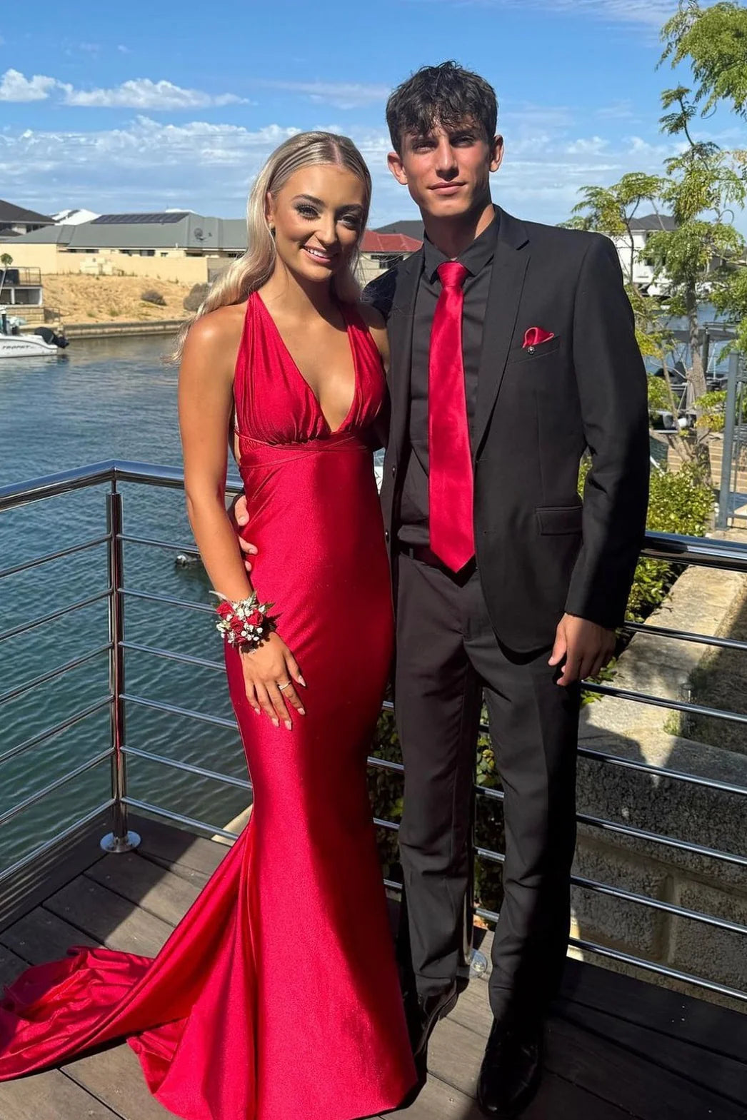 Elegant Mermaid Deep V Neck Royal Blue Satin Prom Dress Gown LF1263
