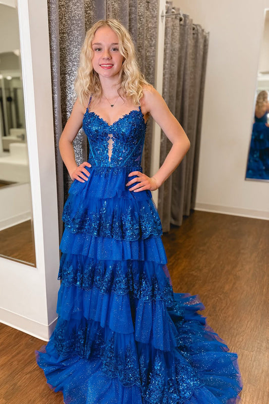 A-Line Sweetheart Royal Blue Ruffle Tiered Long Prom Dress Gown with Appliques LF1322