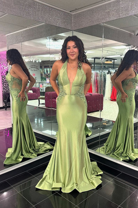 Chic Mermaid V Neck Satin Long Prom Dress Gown with Appliques LF1230