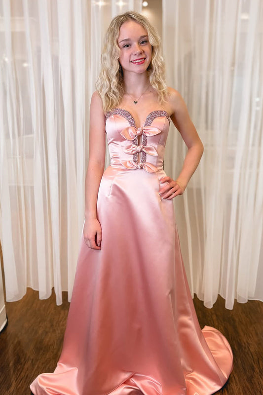 A-Line Strapless Pink Satin Long Prom Dress Gown with Bowknot LF1377