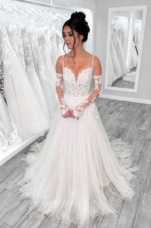 Pastoral Style A Line V Neck Tulle Wedding Dresses Gown with Long Sleeves HS862