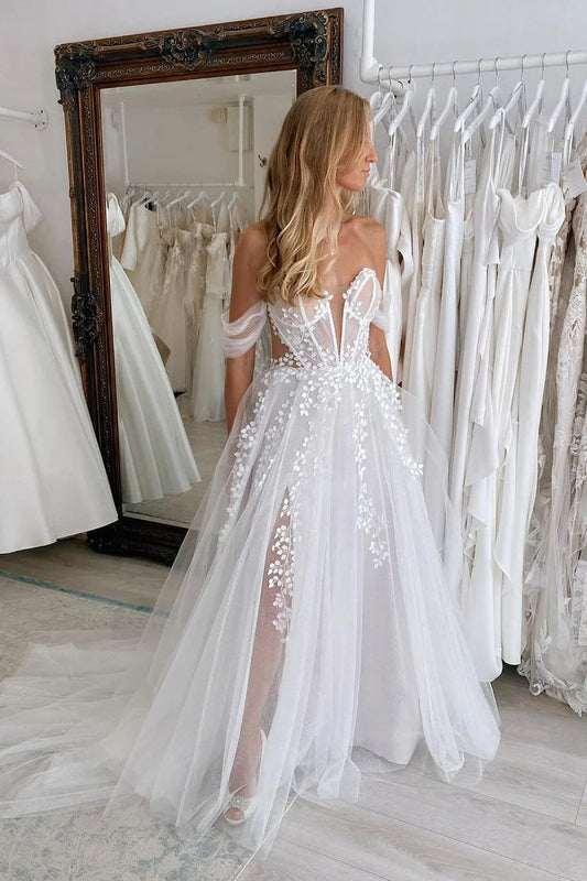Off the Shoulder White Tulle Wedding Dresses Gown with Appliques HS872
