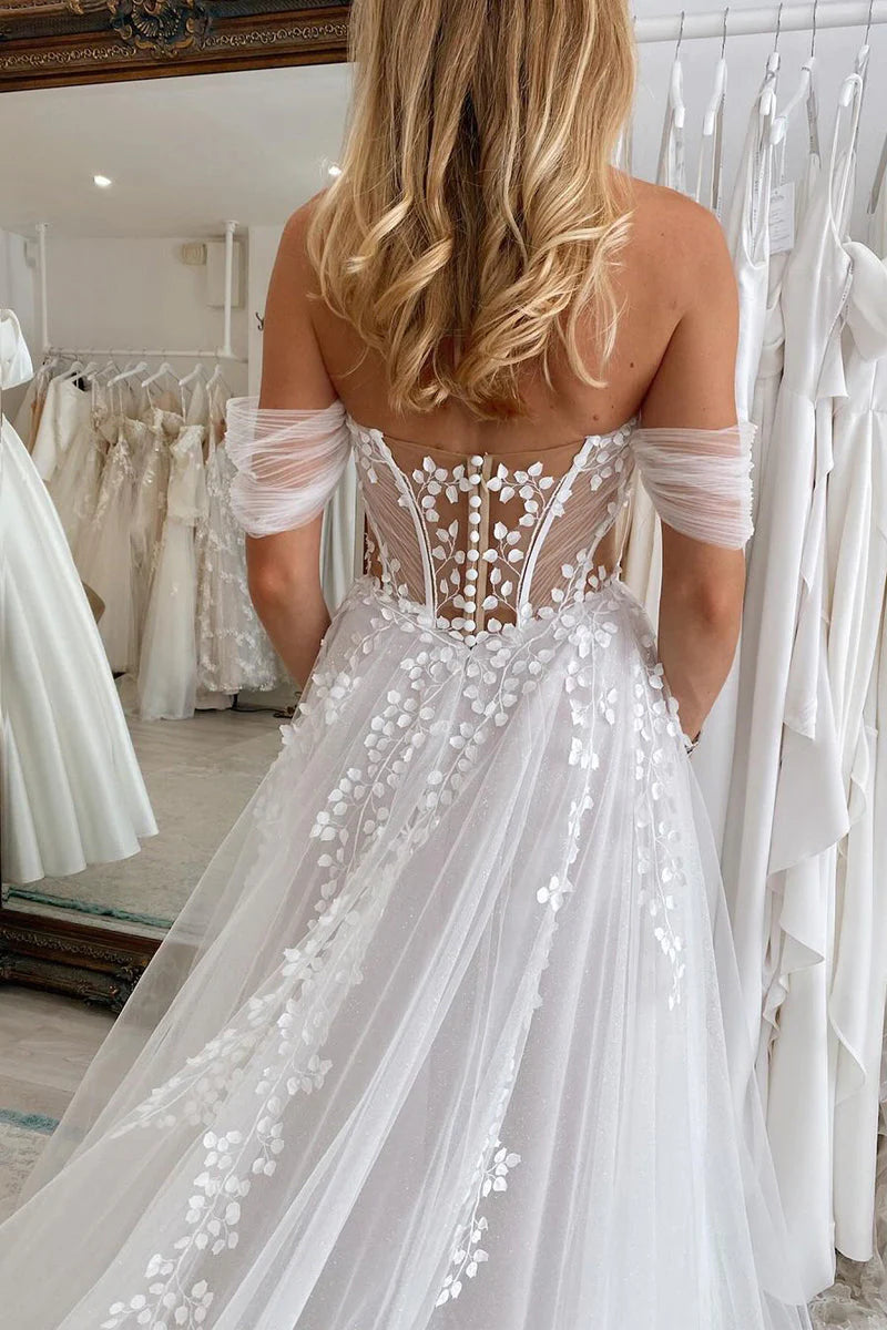 Off the Shoulder White Tulle Wedding Dresses Gown with Appliques HS872