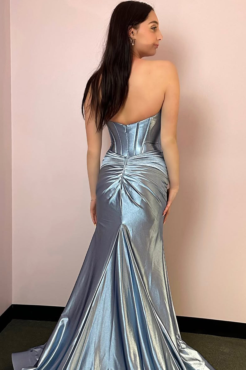 Mermaid Strapless Silver Satin Long Prom Dress Gown with Slit LF1401