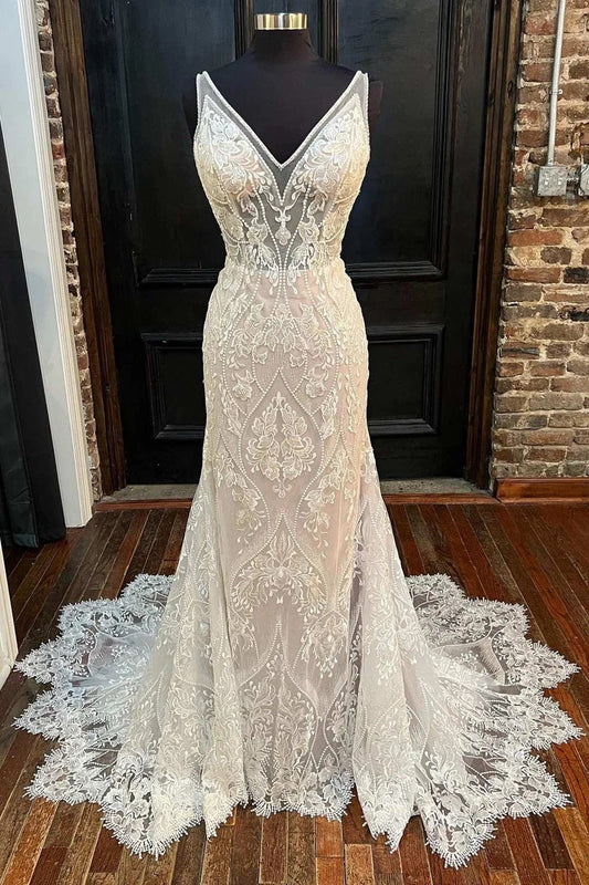 Bohemian Mermaid V Neck Lace Wedding Dresses Gown HS940