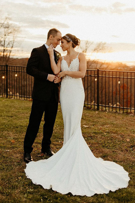 Glamorous Mermaid V Neck White Elastic Satin Wedding Dresses Gown with Appliques HS854