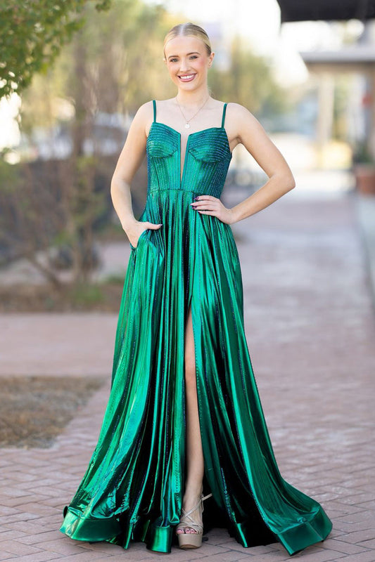 Stunging A Line Straps Green Satin Slit Prom Dress Gown with Beading