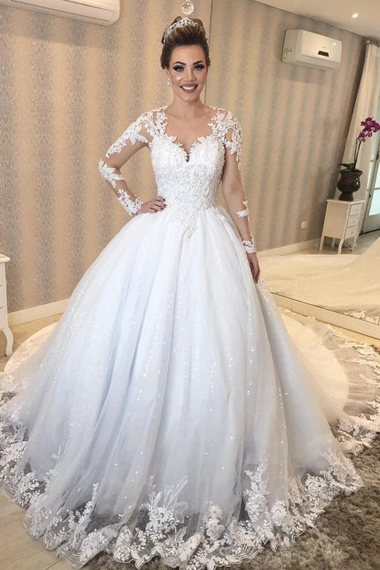 Princess Long Sleeves Sheer Back White Wedding Dresses/Gowns with Lace HS0318008