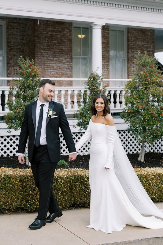 Chic Mermaid Off the Shoulder Elastic Satin Long Wedding Dresses Gown with Long Sleeves HS878