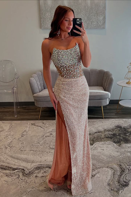 Mermaid Strapless Blush Pink Sequins Long Prom Dress Gown with Slit LF1226