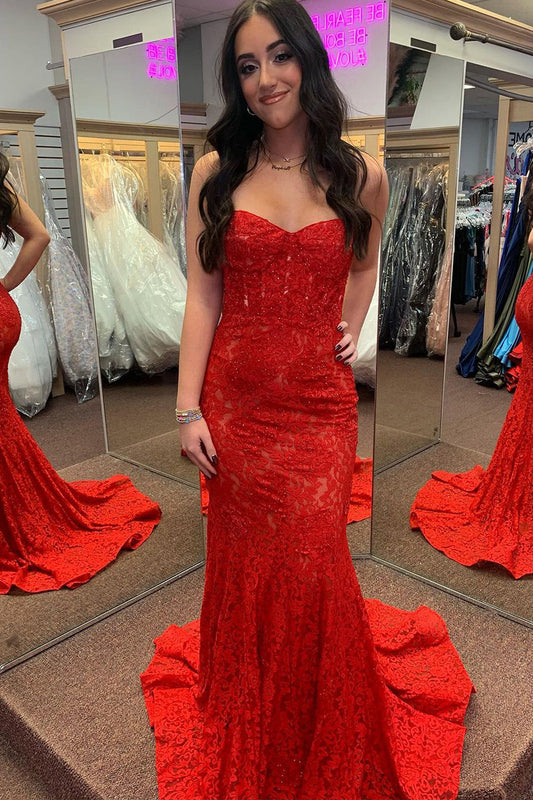 Red Sweetheart Lace Beaded Mermaid Long Prom Dress Gown LF1173
