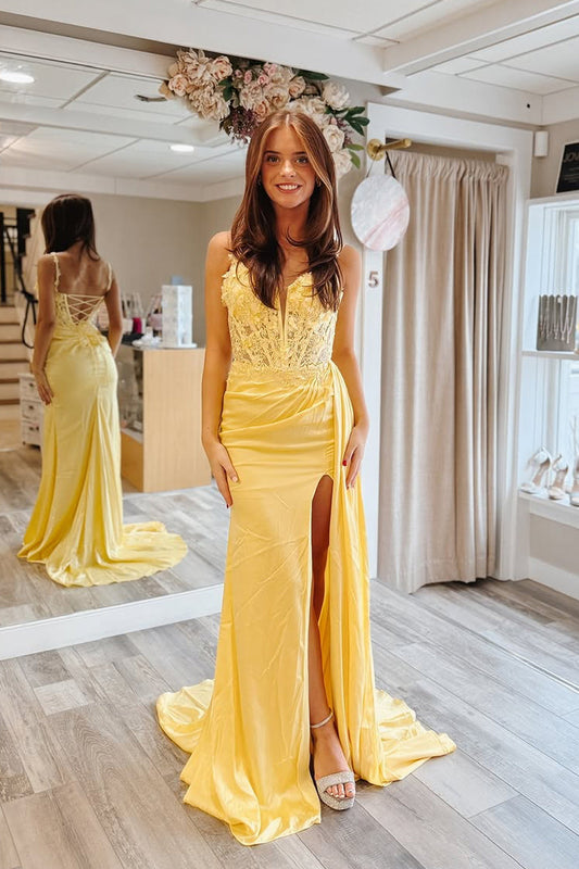 Stunging Sheath Sweetheart Yellow Satin Prom Dress Gown with Slit LF1347