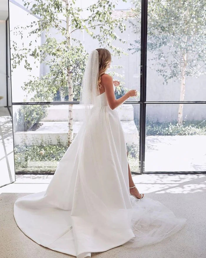 Ball Gown V Neck Pleat Satin Long Wedding Dresses Gown with Slit HS926