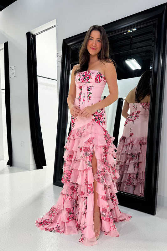 Sheath Strapless Floral Printed Ruffle Tiered Chiffon Prom Dress Gown with Slit LF1321