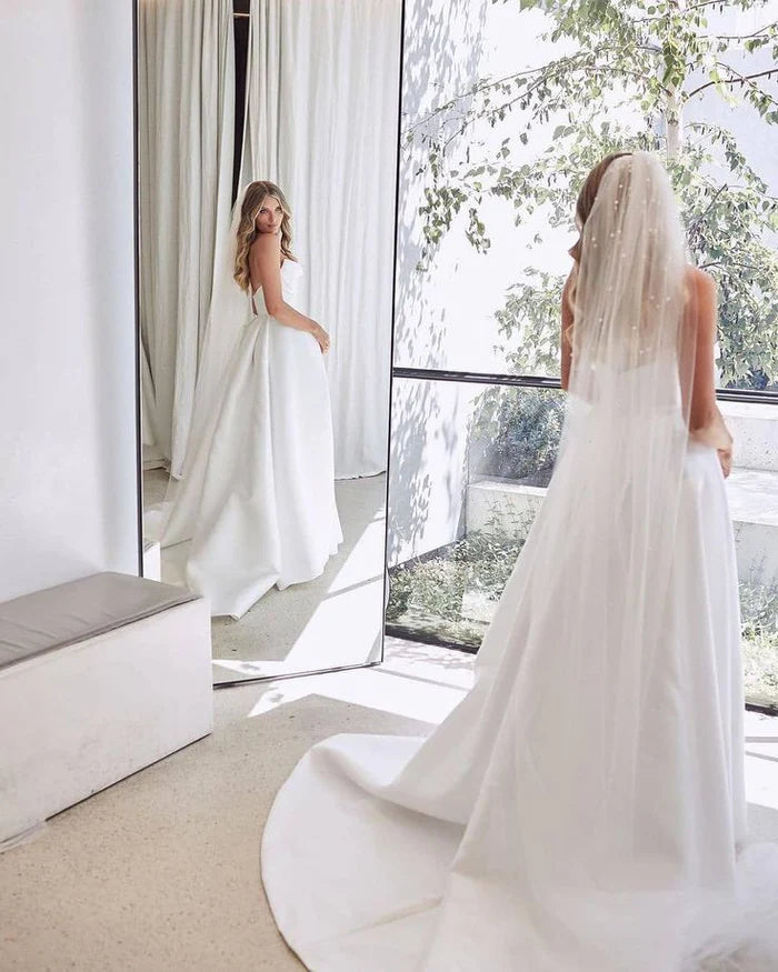 Ball Gown V Neck Pleat Satin Long Wedding Dresses Gown with Slit HS926
