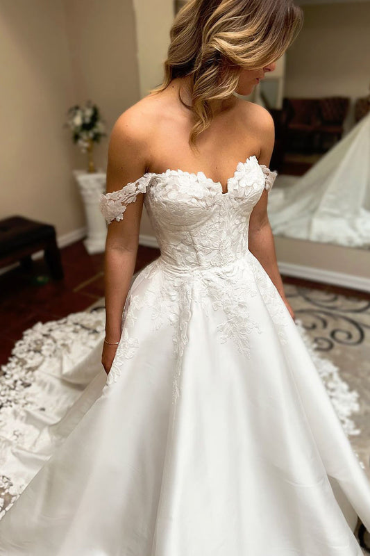 Graceful A Line Off the Shoulder Satin Wedding Dresses Gown with Appliques HS691