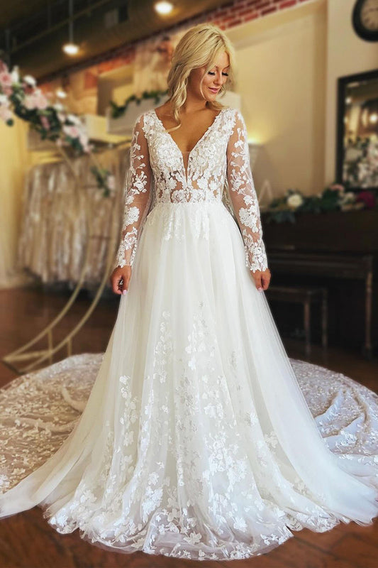 Charming A-Line V Neck Long Sleeve Tulle Lace Wedding Dresses/Gowns HS23112506