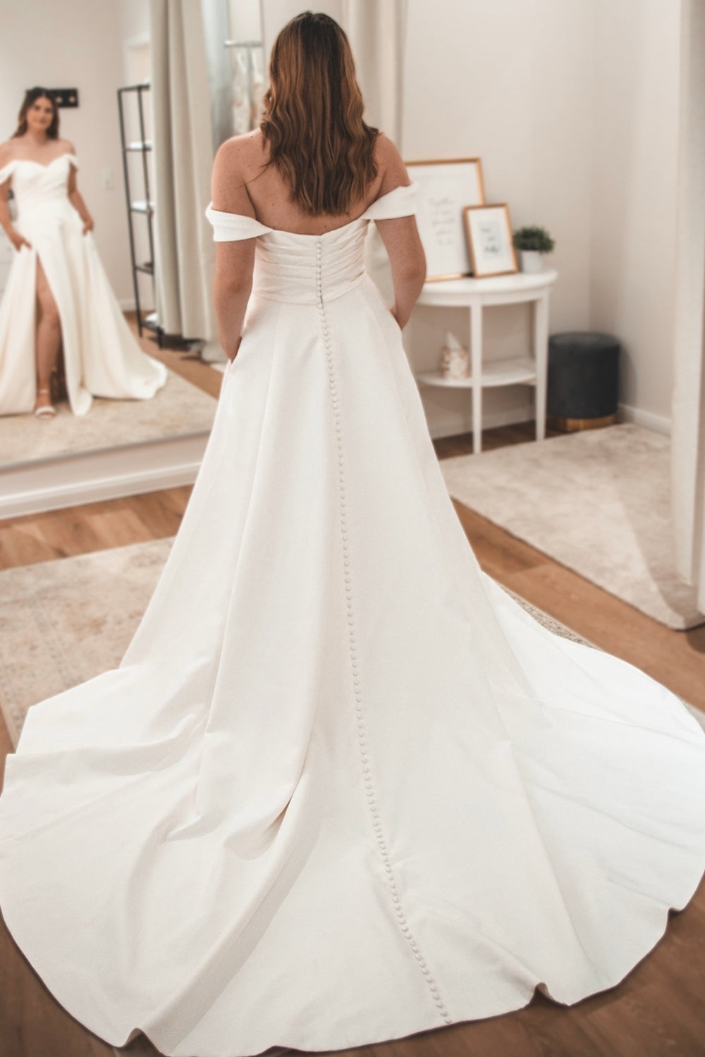 Graceful A Line Off the Shoulder Satin Wedding Dresses Gown HS915