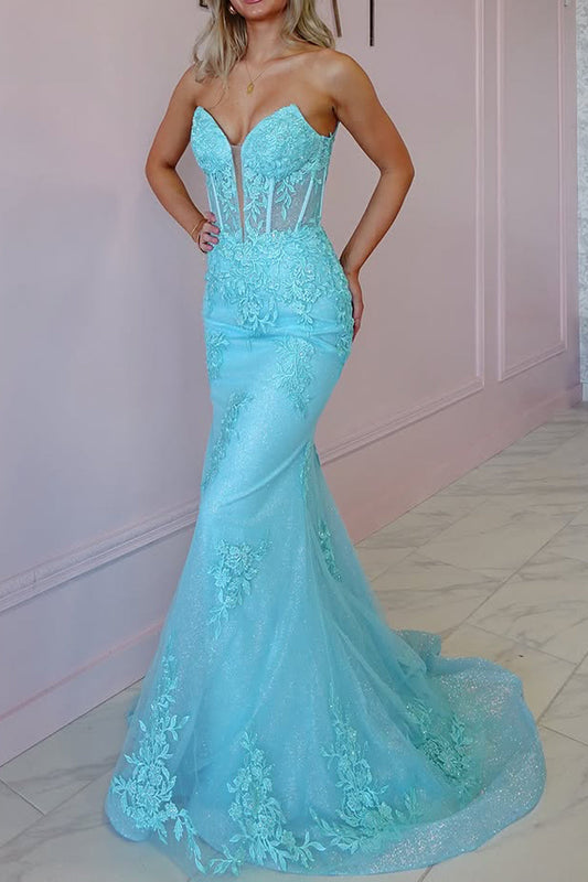 Mermaid Strapless Blue Tulle Long Prom Dress Gown with Appliques LF1223