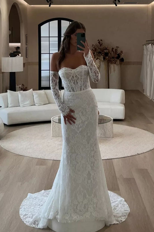 Graceful Mermaid Lace Wedding Dresses Gown with Long Sleeves HS931