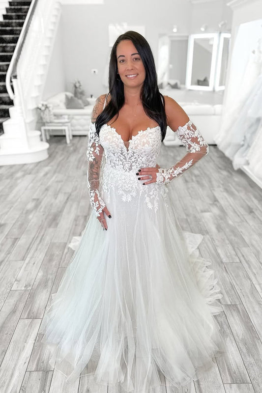 Cute A Line V Neck Tulle Wedding Dresses Gown with Beading Appliques HS877