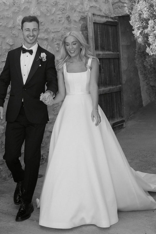 Cute A Line Square Neck Satin Long Wedding Dresses Gown HS900