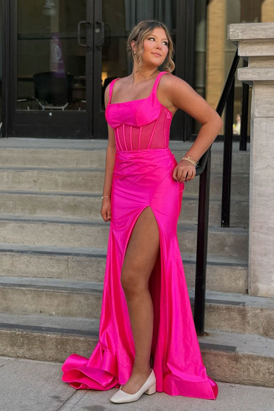 Mermaid Square Neck Satin Pink Slit Prom Dress Gown LF1281