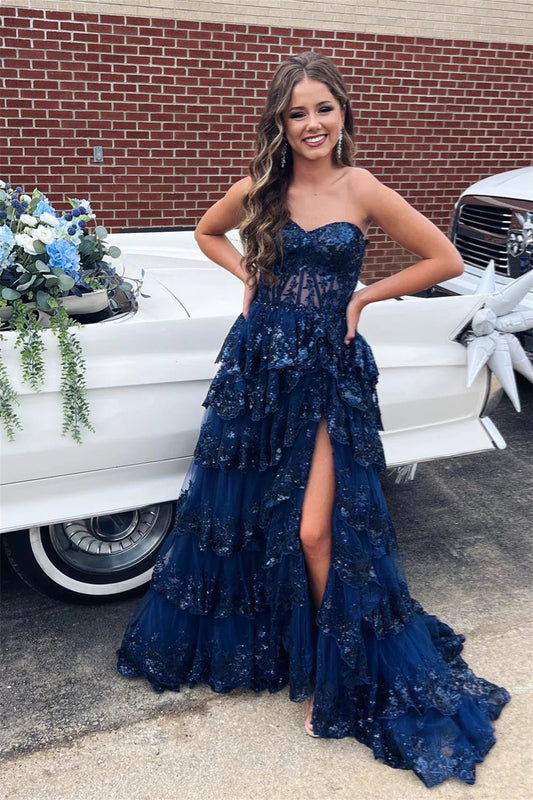 A Line Off the Shoulder Navy Sequins Tiered Slit Prom Dress Gown LF1250