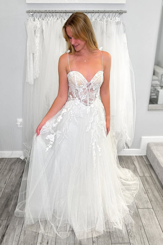 Pastoral Style A Line Sweetheart Tulle Bridal Dresses with Appliques HS863