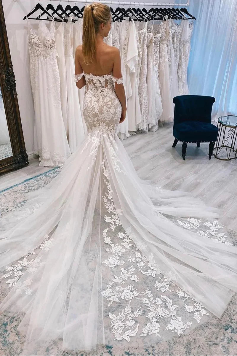 Boho Mermaid Off the Shoulder Tulle Wedding Dresses Gown with Appliques HS913