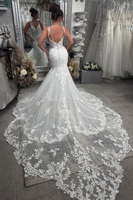 Graceful Mermaid Sweetheart Lace Long Wedding Dresses Gown with Appliques HS884