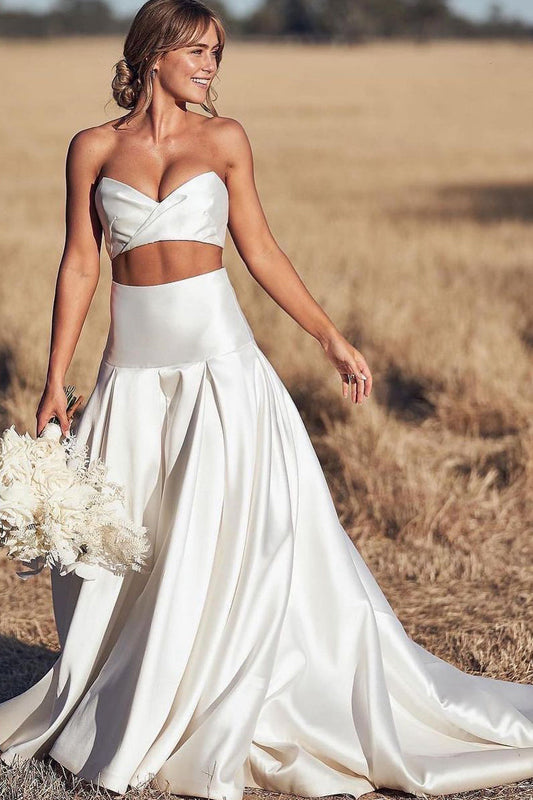 Glamorous A Line Two Piece Sweetheart Satin Wedding Dresses Gown HS776