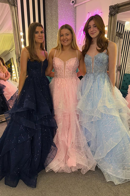 Stunging A Line Straps Ruffled Conspicuous Tulle Prom Dress Gown with Appliques LF1178