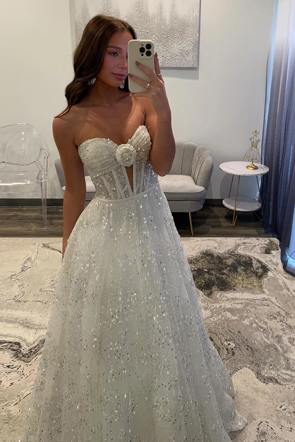 Conspicuous White Sequins Long A Line Sweetheart Prom Dress Gown LF1341