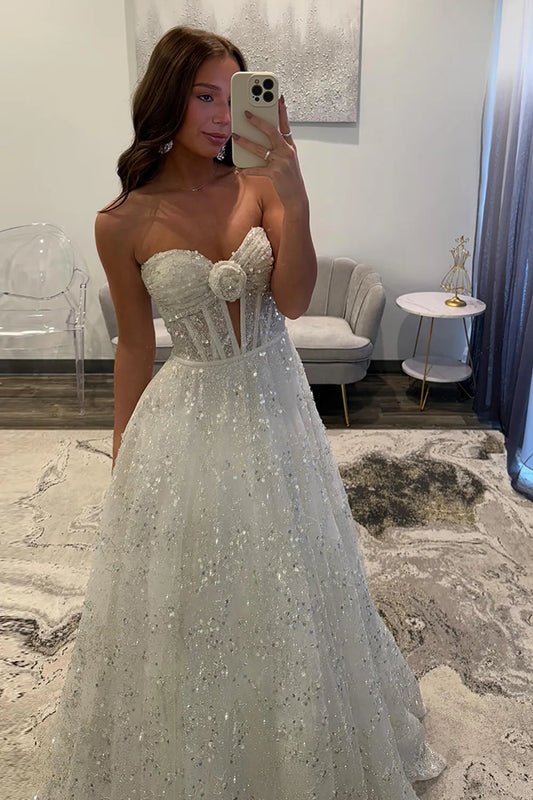 Conspicuous White Sequins Long A Line Sweetheart Prom Dress Gown LF1341