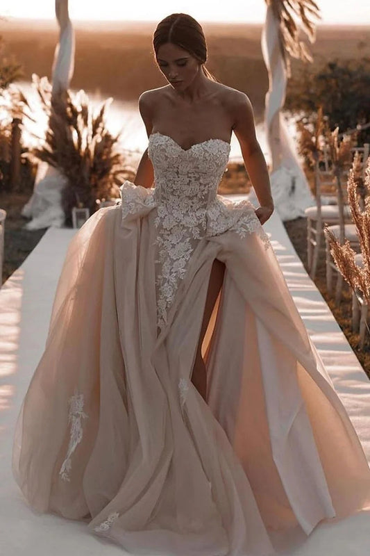 Pastoral Style Ball Gown Sweetheart Dark Champagne Wedding Dresses Gown with Appliques HS844