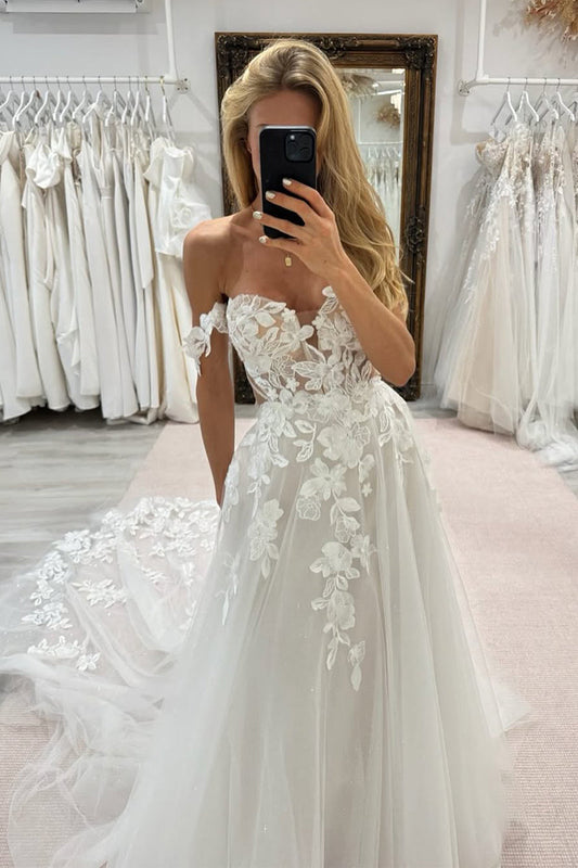 Modern A Line Off the Shoulder Tulle Wedding Dresses Gown with Appliques HS807
